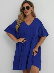 SHEIN LUNE Mais Vestido de bata Sólido Bainha com babado - Azul Real - Ver 8