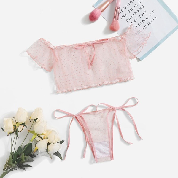 

Dobby Mesh Bardot Lingerie Set, Pink