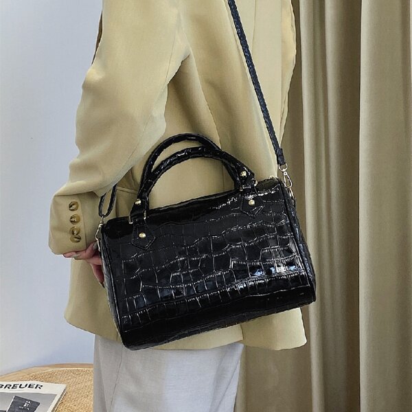 

Croc Embossed Baguette Bag, Black