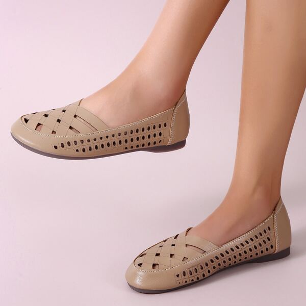 

Solid Braided Design Cut Out Flats, Khaki