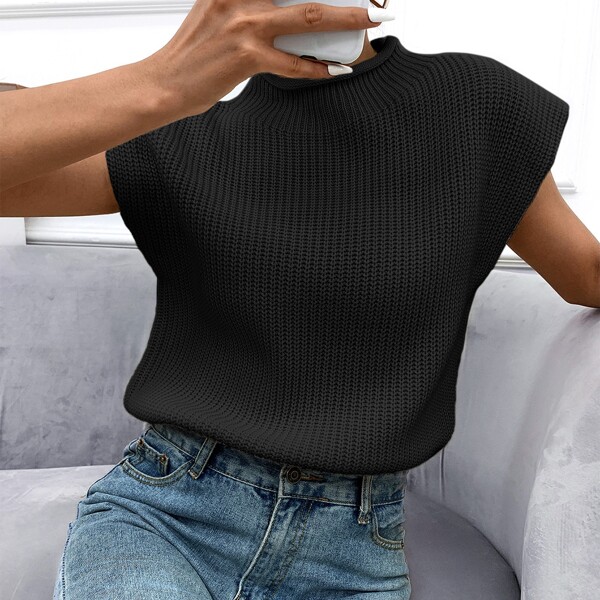

Mock-neck Solid Sweater Vest, Black