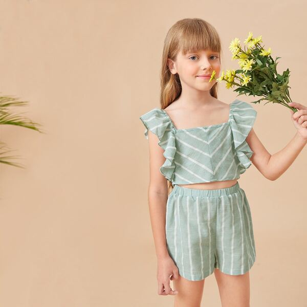 

Girls Zipper Back Ruffle Armhole Striped Crop Top & Shorts Set, Mint green