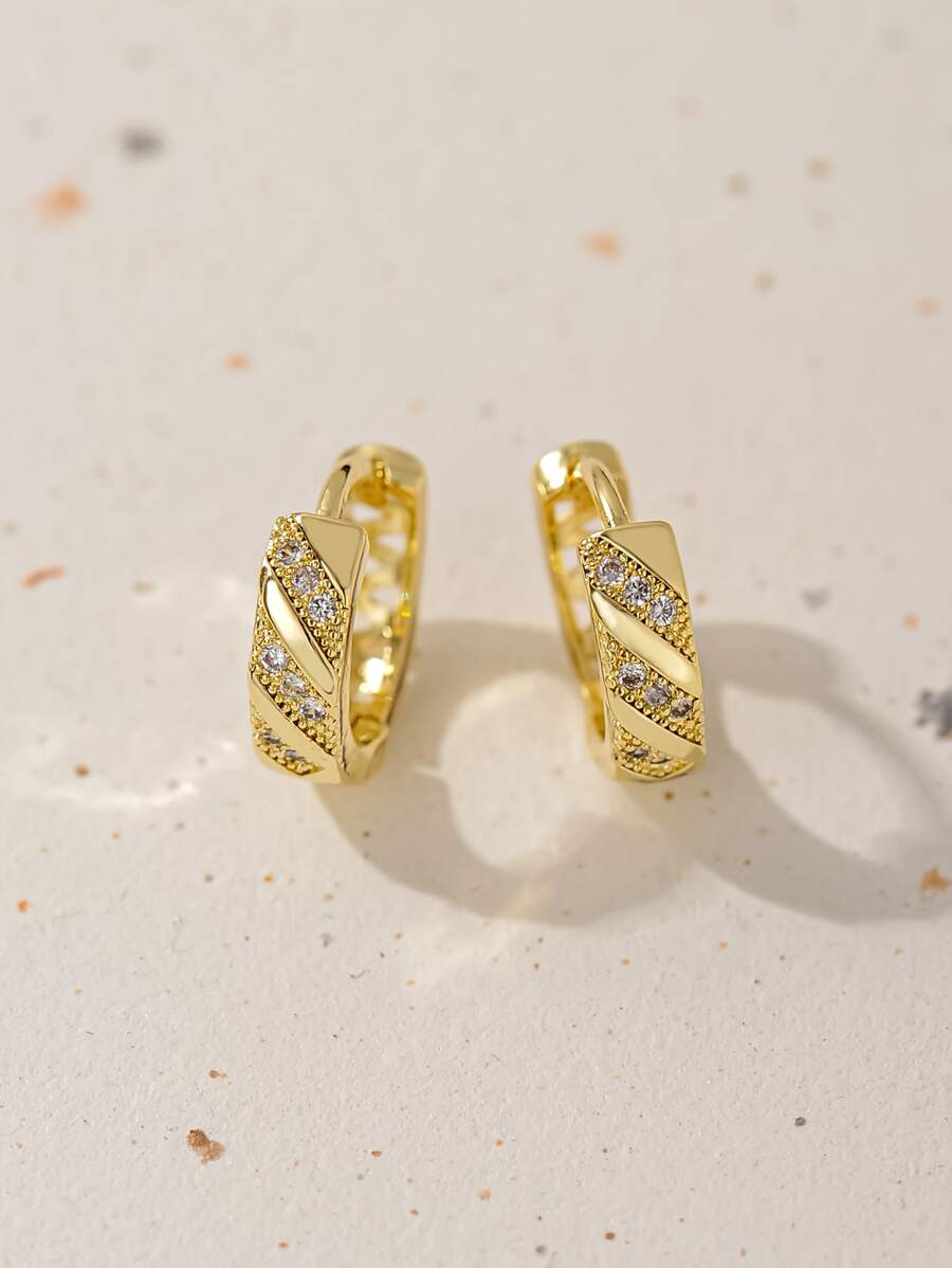 方晶鋯石裝飾圓耳環 - 金黃色 - 查看 1