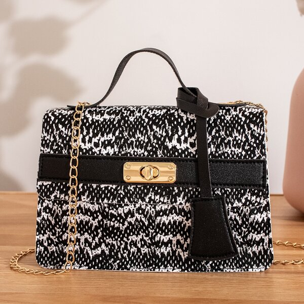

Snakeskin Turn-lock Satchel Bag, Black