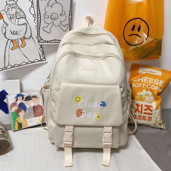 

Cartoon & Letter Graphic Buckle Decor Backpack, White