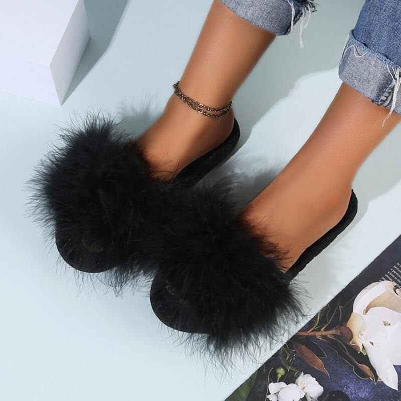 

Fluffy Open Toe Slippers, Black