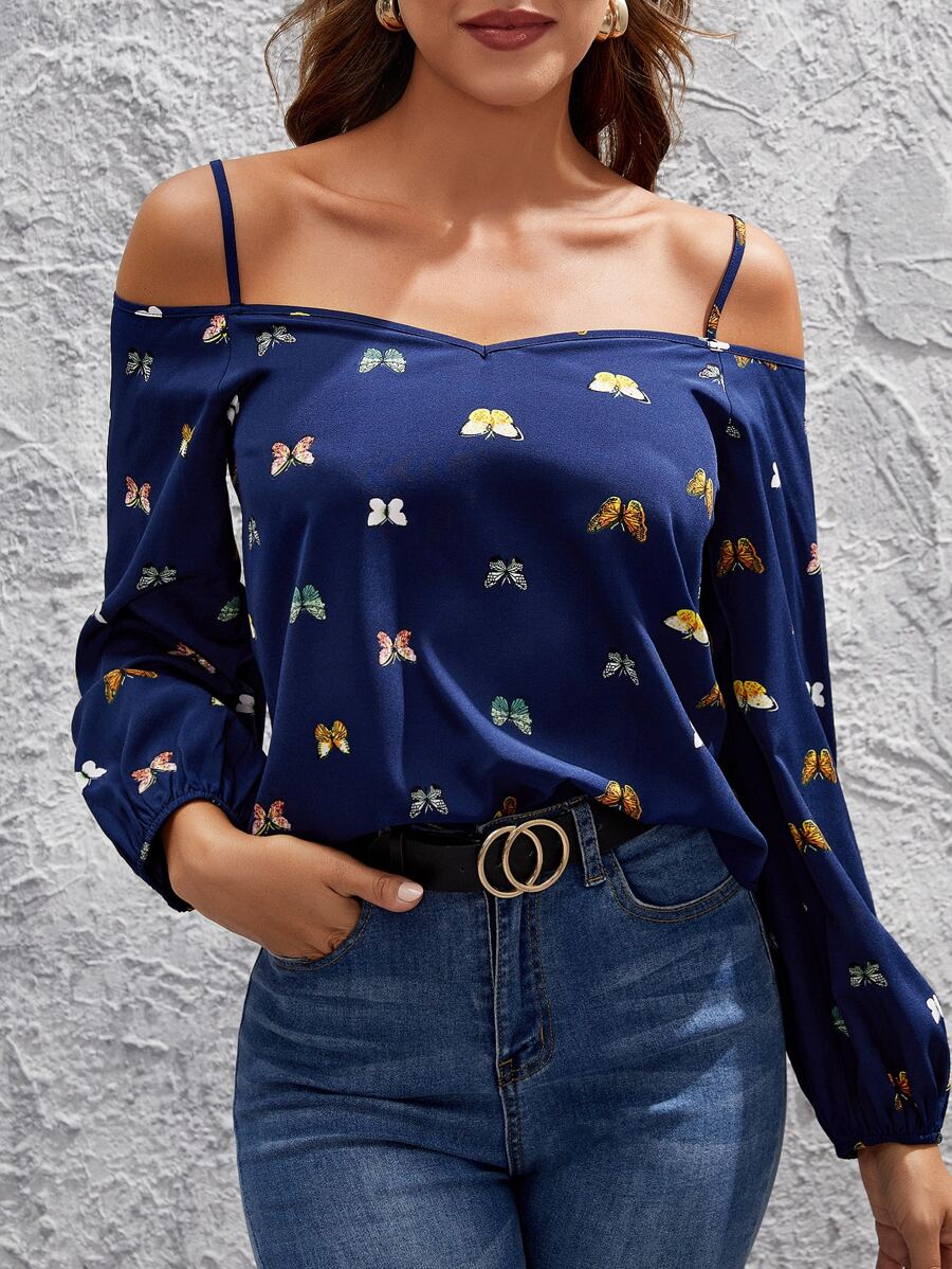 SHEIN Clasi 蝴蝶圖案挖肩襯衫 - 藏蓝色 - 查看 1