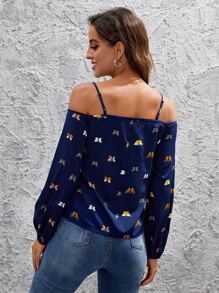 SHEIN Clasi 蝴蝶圖案挖肩襯衫 - 藏蓝色 - 查看 2