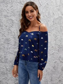 SHEIN Clasi 蝴蝶圖案挖肩襯衫 - 藏蓝色 - 查看 3