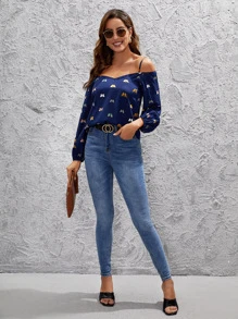 SHEIN Clasi 蝴蝶圖案挖肩襯衫 - 藏蓝色 - 查看 5