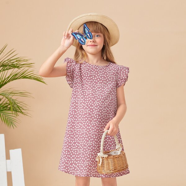 

Girls Ditsy Floral Ruffle Trim Dress, Baby pink