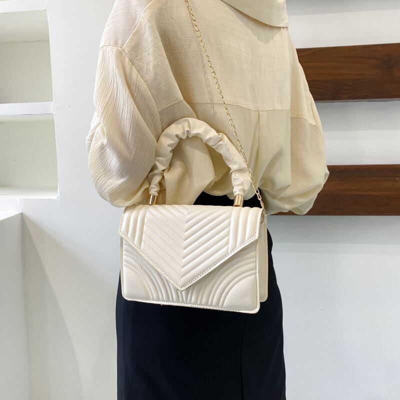 

Quilted Flap Top Handle Chain Bag, White