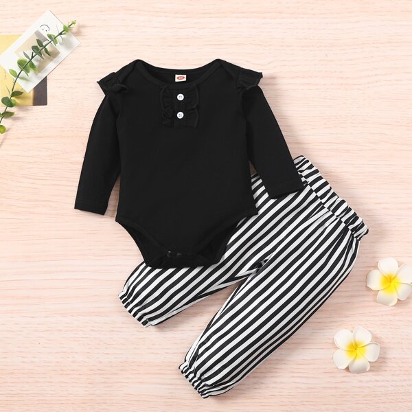

Baby Ruffle Trim Button Detail Bodysuit & Vertical Stripe Sweatpants, Black and white