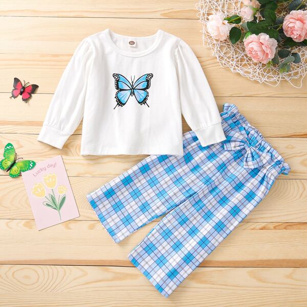 

Baby Butterfly Print Top & Plaid Paper Bag Waist Bow Front Pants, Blue and white