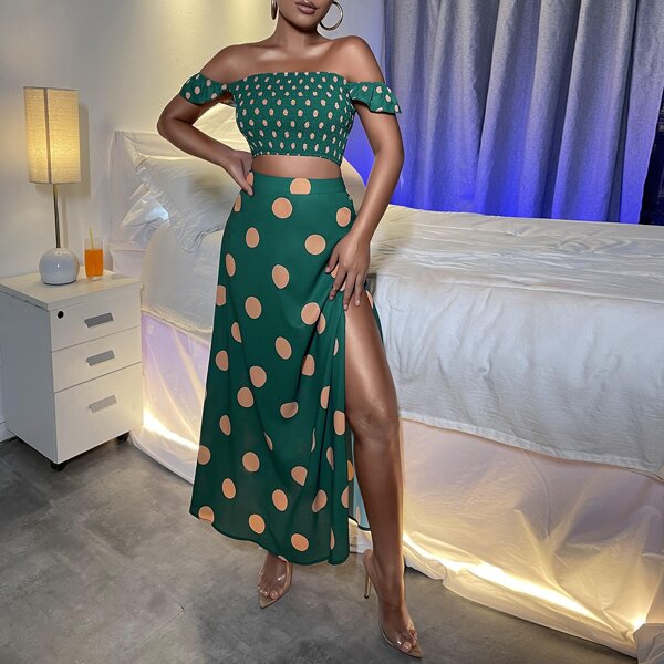 

Polka Dot Shirred Off Shoulder Top & Slit Skirt, Dark green