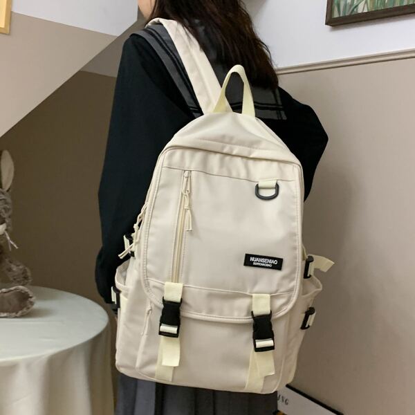 

Letter Patch Release Button Design Backpack, Beige