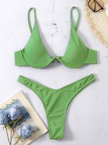 SHEIN Swim Summer Beach Mono Bikini Set Underwired Bra & High Cut Bottom 2 Piece Bathing Suit - Olive Green - View 1