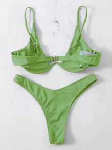 SHEIN Swim Summer Beach Mono Bikini Set Underwired Bra & High Cut Bottom 2 Piece Bathing Suit - Olive Green - View 2