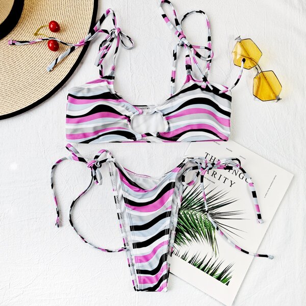 

Striped Cut-out Self Tie Bikini Swimsuit, Multicolor