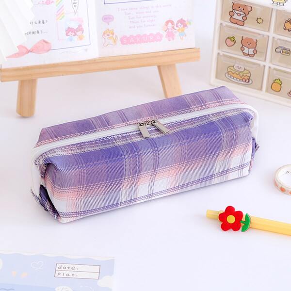 

1pc Plaid Pencil Case, Purple