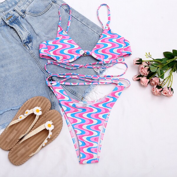 

Line Graphic Underwire High Cut Bikini Swimsuit, Multicolor