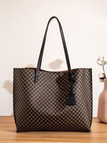 Allover Print Shoulder Tote Bag - Coffee Brown - View 1