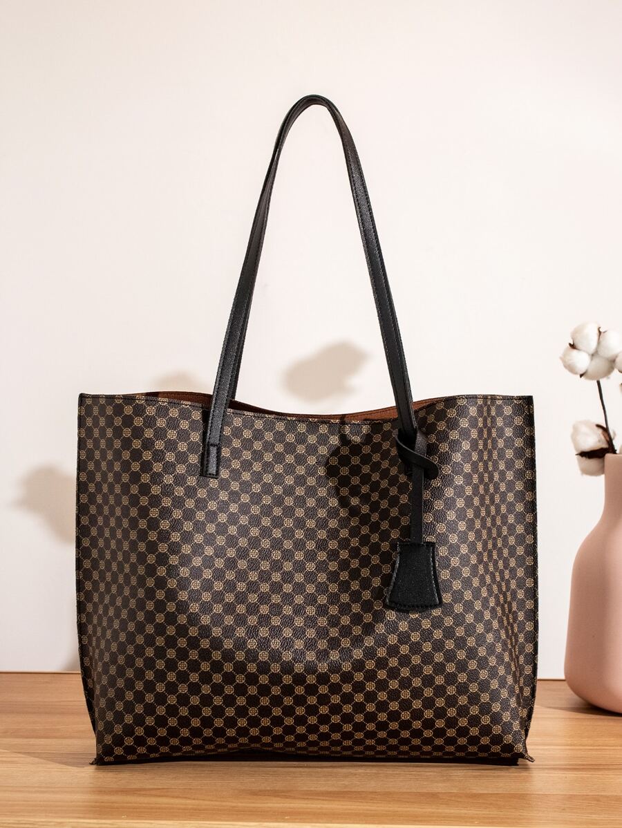 Allover Print Shoulder Tote Bag - Coffee Brown - View 1