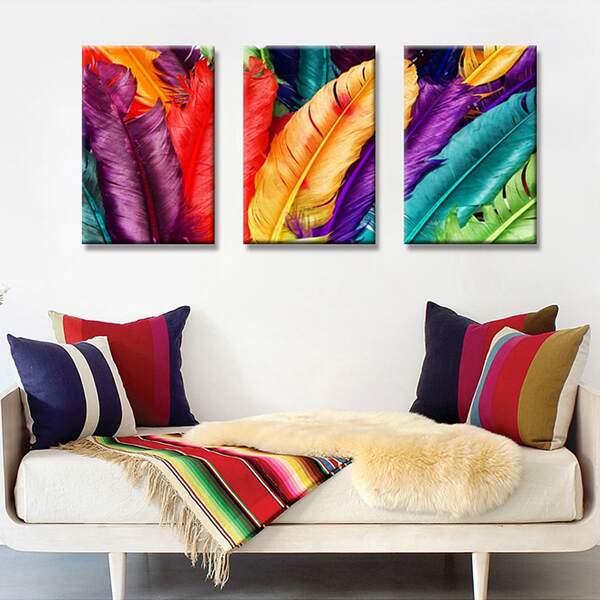 

3pcs Feather Print Unframed Painting, Multicolor