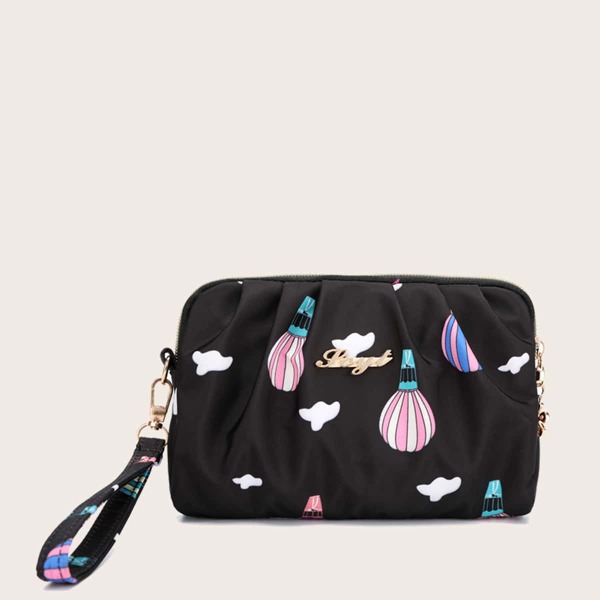 

Cartoon Graphic Ruched Clutch Bag, Black