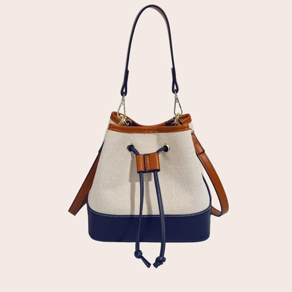 

Colorblock Drawstring Trim Bucket Bag, Multicolor