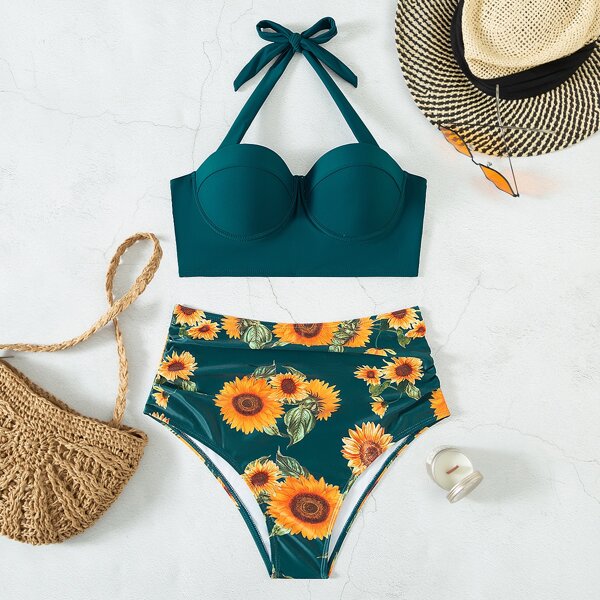 

Sunflower Print Halter Push Up Bikini Swimsuit, Multicolor