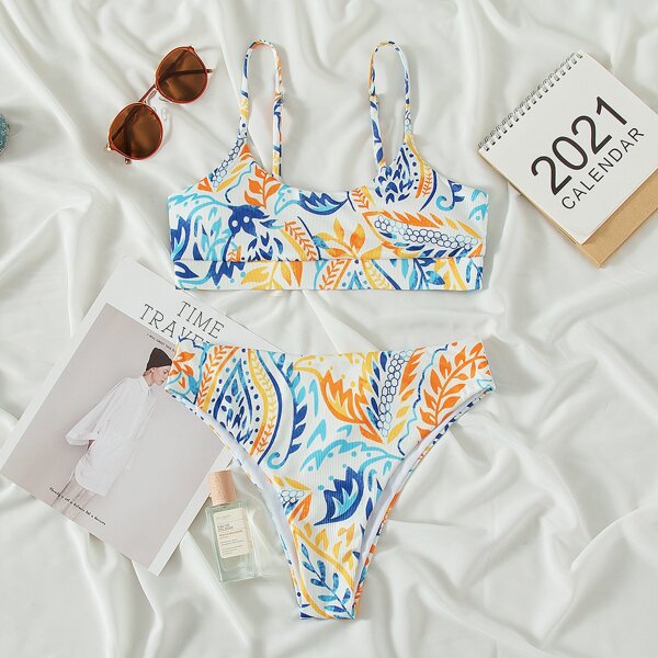 

Tropical Random Print Rib Bikini Swimsuit, Multicolor