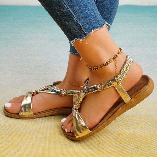 

Rhinestone Decor Flat Sandals, Gold