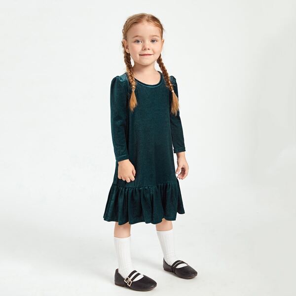 

Toddler Girls Keyhole Back Ruffle Hem Velvet Dress, Dark green