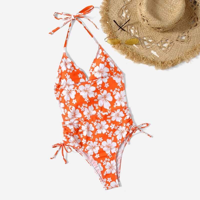 

Floral Print Halter One Piece Swimsuit, Orange