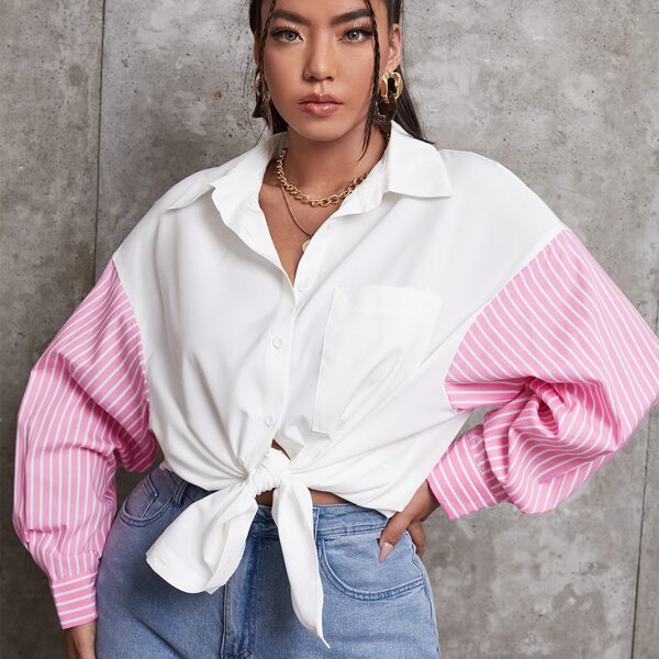 

Plus Striped Print Drop Shoulder Button Up Blouse, White