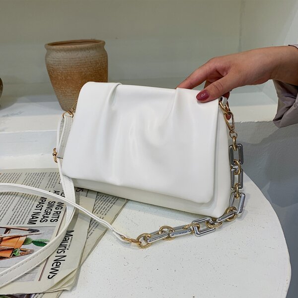 

Chain Decor Flap Square Bag, White
