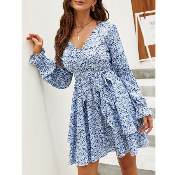 

Ditsy Floral Flounce Sleeve Asymmetrical Ruffle Overlay Belted Dress, Blue and white