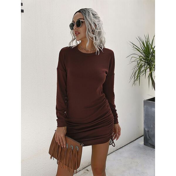 

Drop Shoulder Drawstring Ruched Dress, Coffee brown