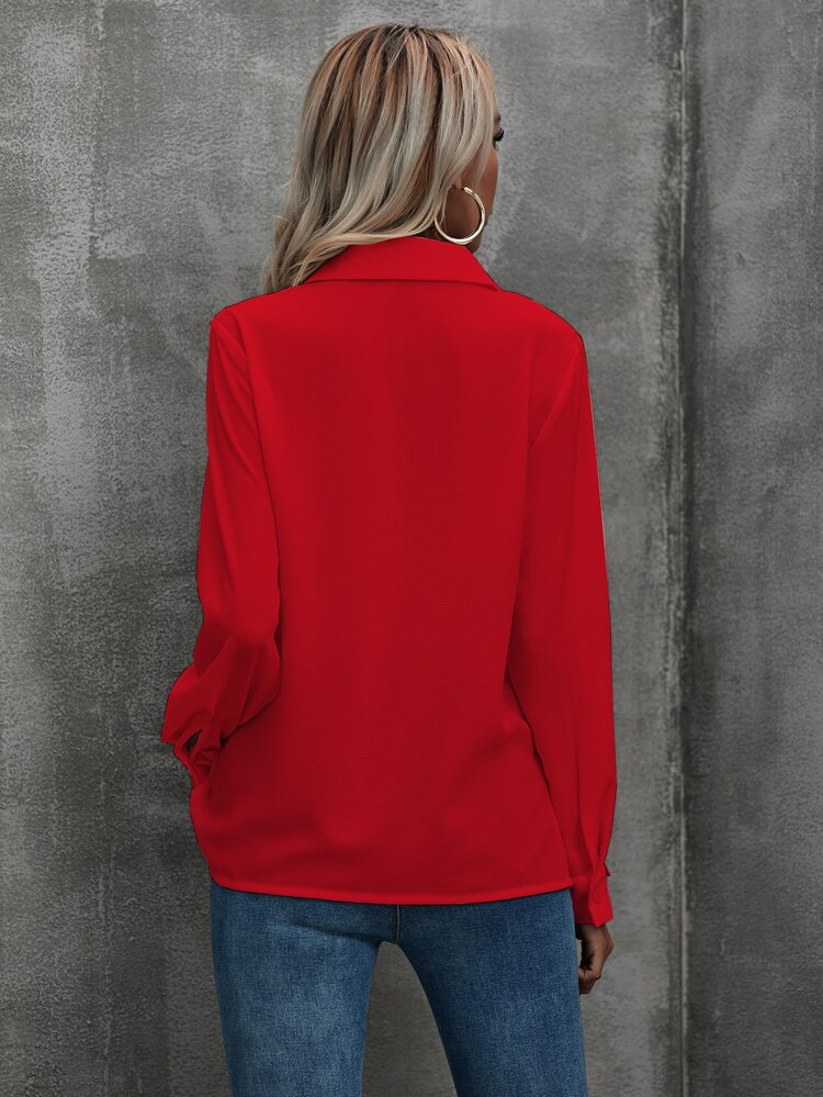 Ruffle Trim Button Up Shirt For New Year Clothes,Long Sleeve Tops Fall Cloth For Women