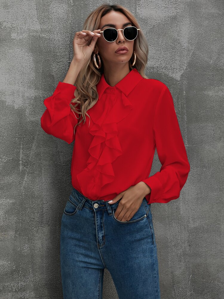 Ruffle Trim Button Up Shirt For New Year Clothes,Long Sleeve Tops Fall Cloth For Women