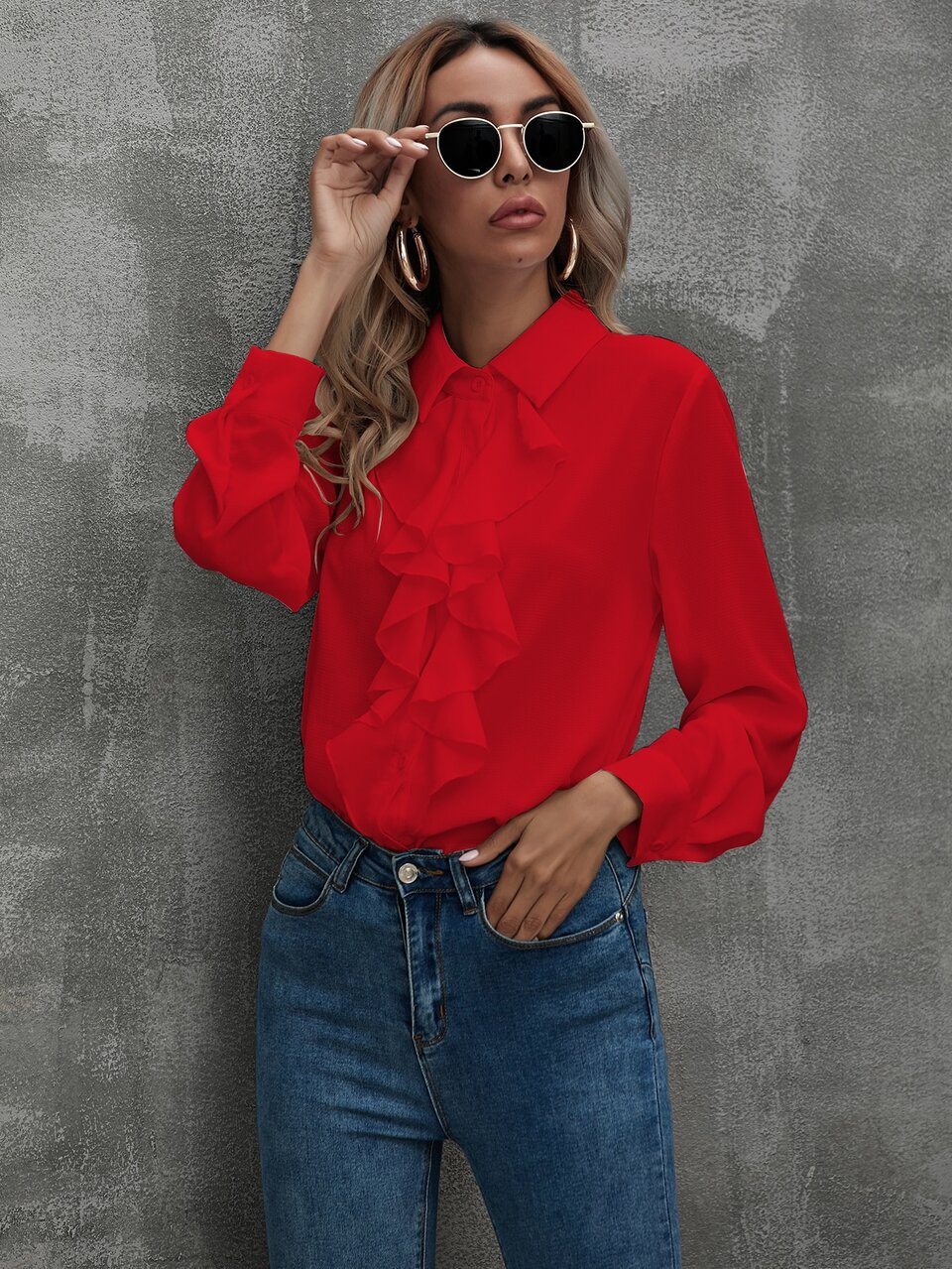 Ruffle Trim Button Up Shirt For New Year Clothes,Long Sleeve Tops Fall Cloth For Women