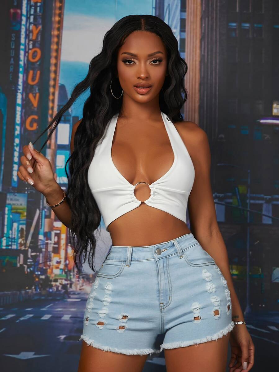 SHEIN High Waist Ripped Raw Trim Denim Shorts - Light Wash - View 1