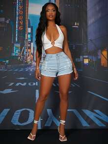 SHEIN High Waist Ripped Raw Trim Denim Shorts - Light Wash - View 4