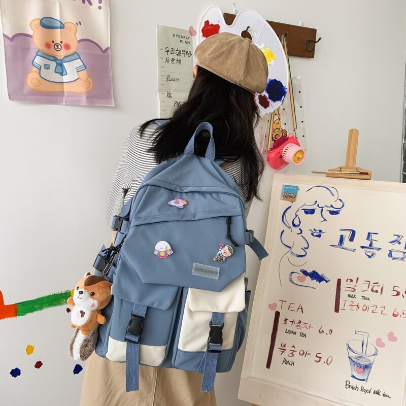 

Double Buckle Backpack With Cartoon Badge, Blue