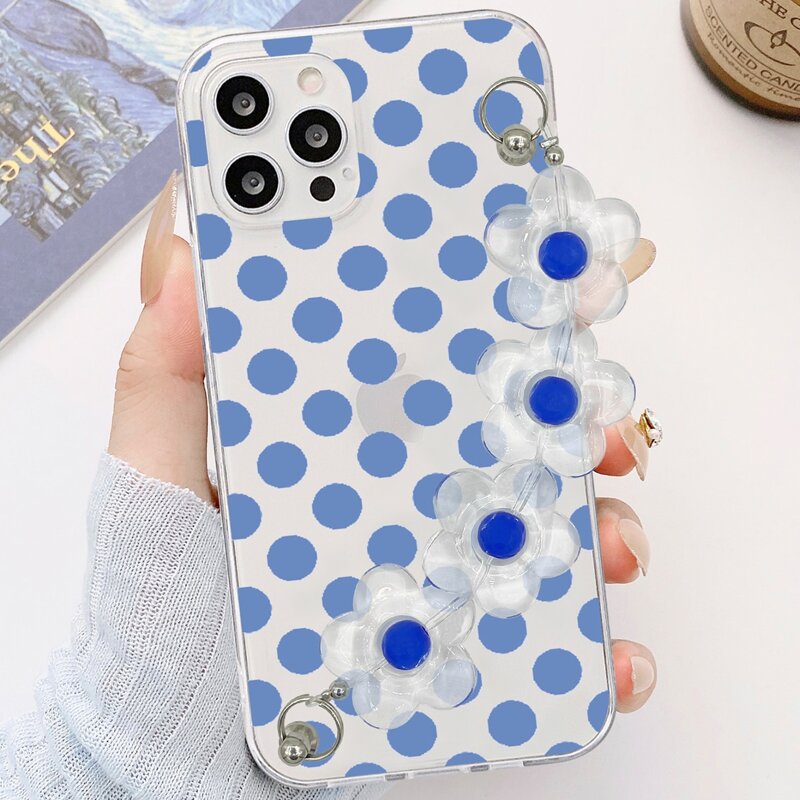 

Polka Dot Phone Case With Flower Decor Hand Strap, Blue