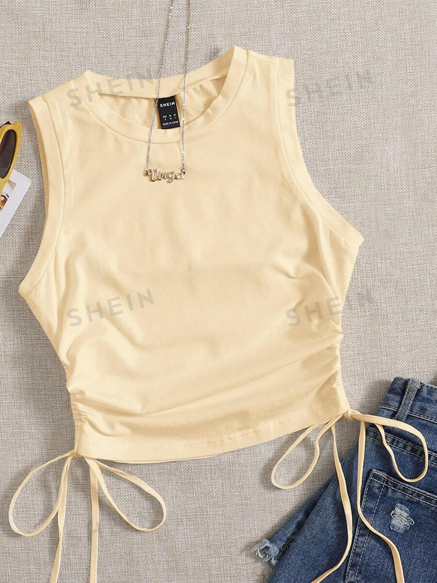 SHEIN EZwear Top de punto sin mangas de unicolor y diseño minimalista para mujer, para uso diario - Albaricoque - Ver 1