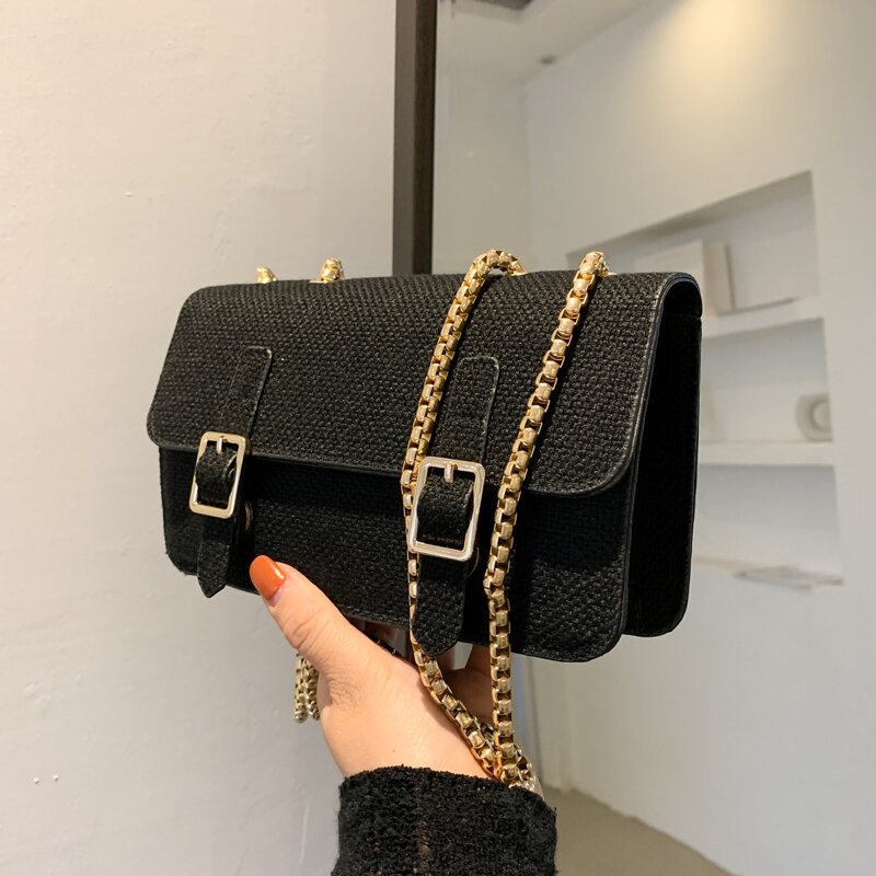 

Buckle Decor Flap Chain Bag, Black