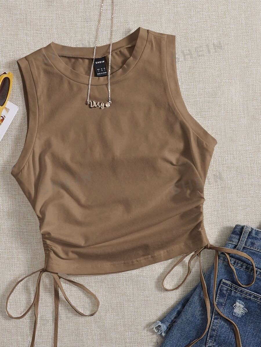 SHEIN EZwear Tricou cu șnur cu rucsat lateral - Moca Brown - Vizualizare 1