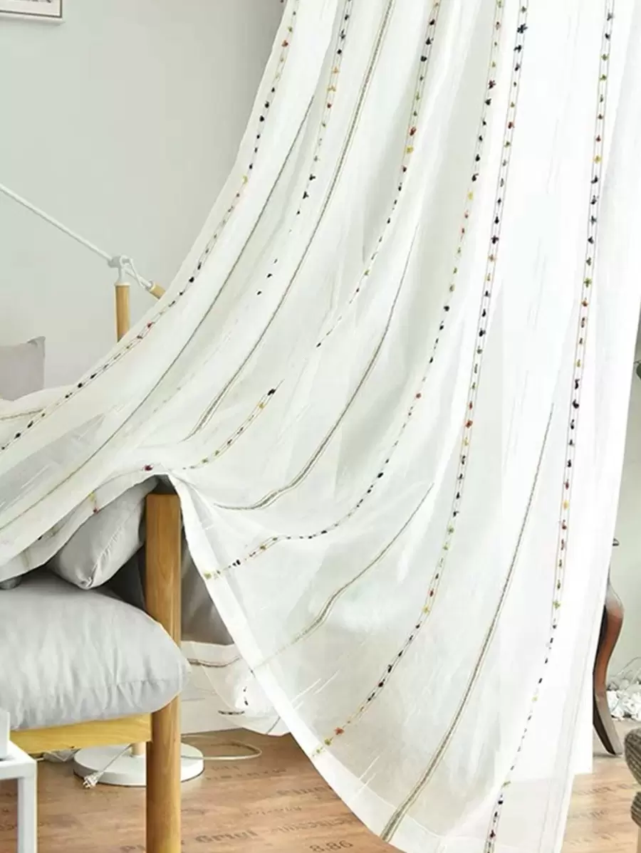 Embroidery Single Panel Curtain - White - View 1